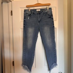 Francesca’s Nature Denim Asymmetrical Frayed Hem Jeans Size 30